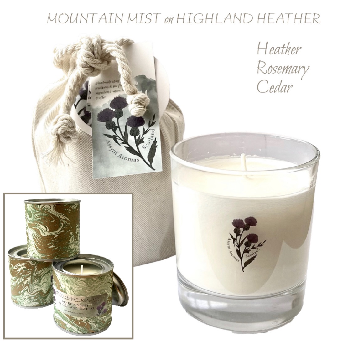 Mountain Mist on Highland Heather - natural essence plant wax candle with Heather, rosemary & cedar