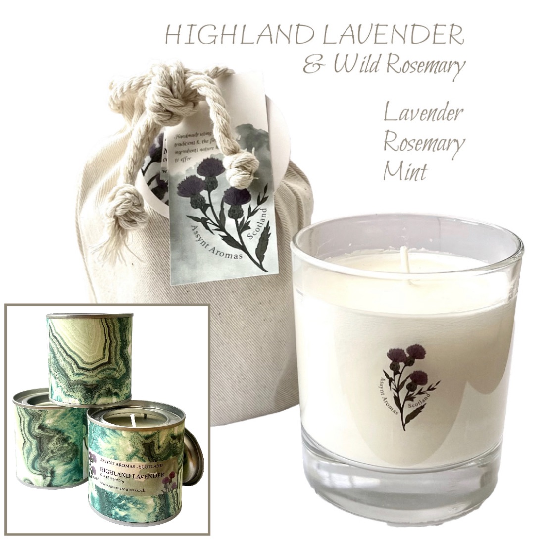 Highland Lavender & Wild Rosemary - natural essence plant wax candle with l
