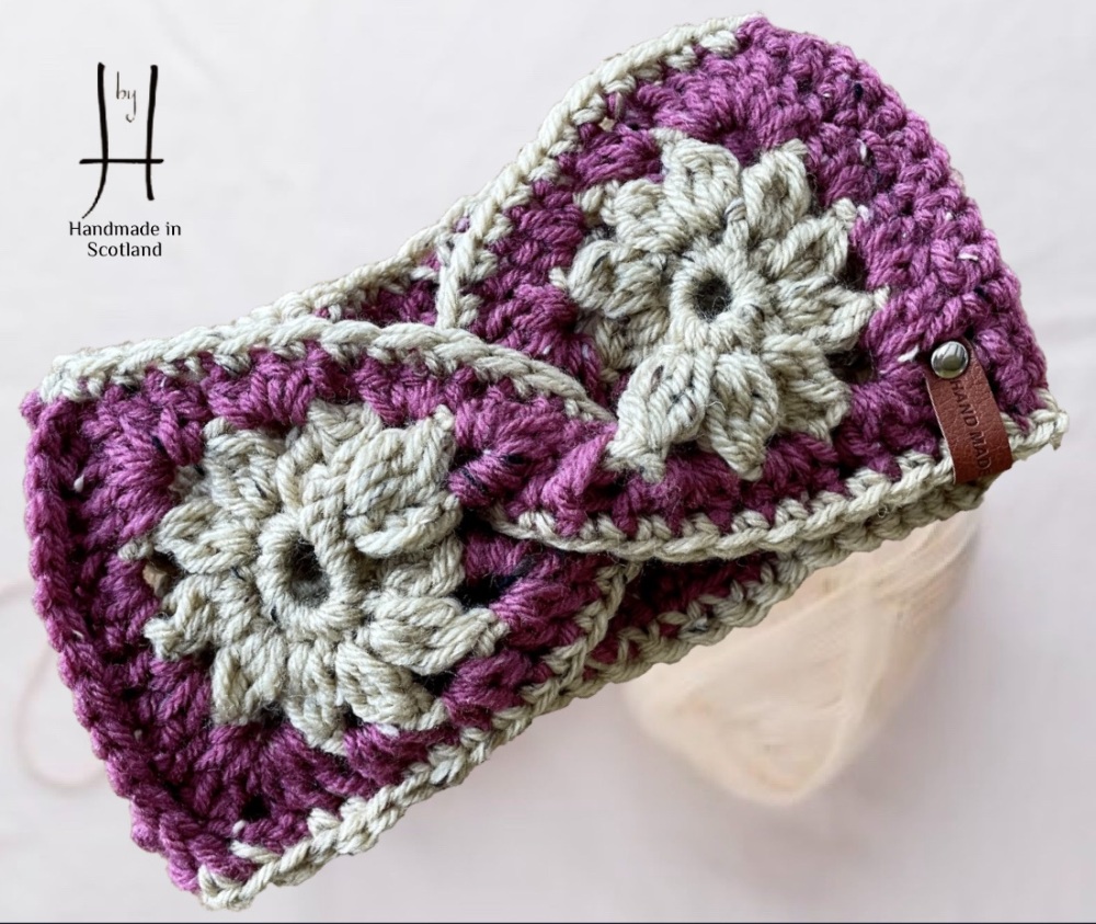 Hand crochet Headband / Ear Warmer - cream & dark pink tweed