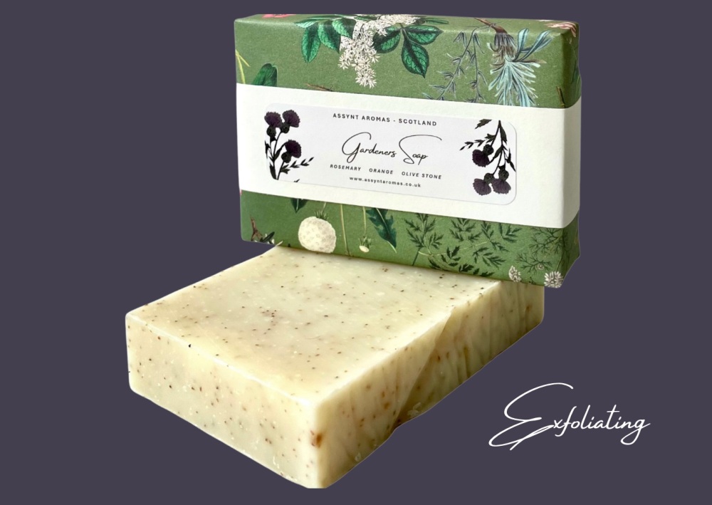 GARDENERS SOAP - wild rosemary, sweet orange & ground olive stone. Handmade exfoliating soap