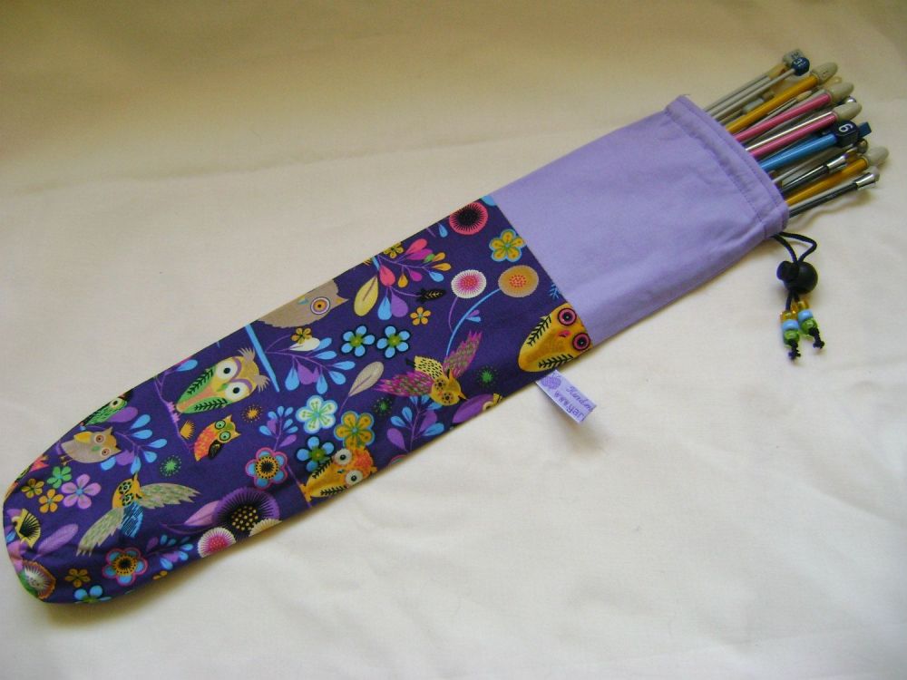 Floral Owls on Purple Single Point Straight Knitting Needle Bag