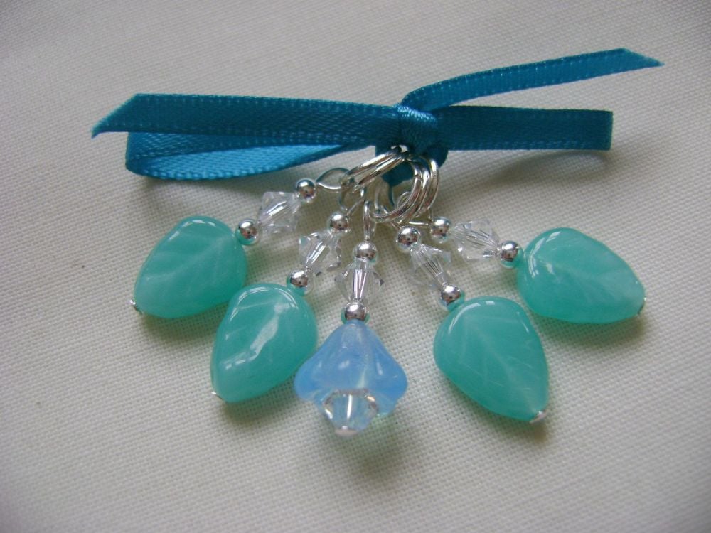 Turquoise Leaves and Bellflower Stitch Markers