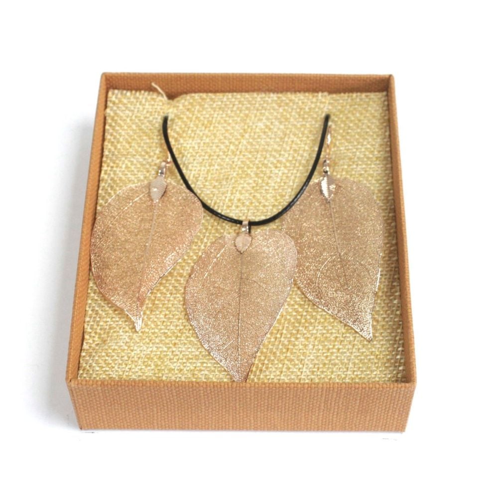 Necklace & Earring Set - Bravery Leaf - Rose Gold