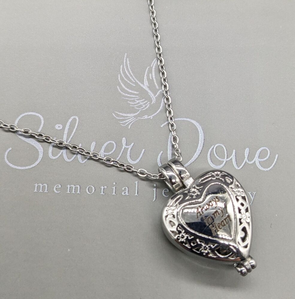 210 stainless steel urn pendant (20" sterling silver chain) "Always in my heart"