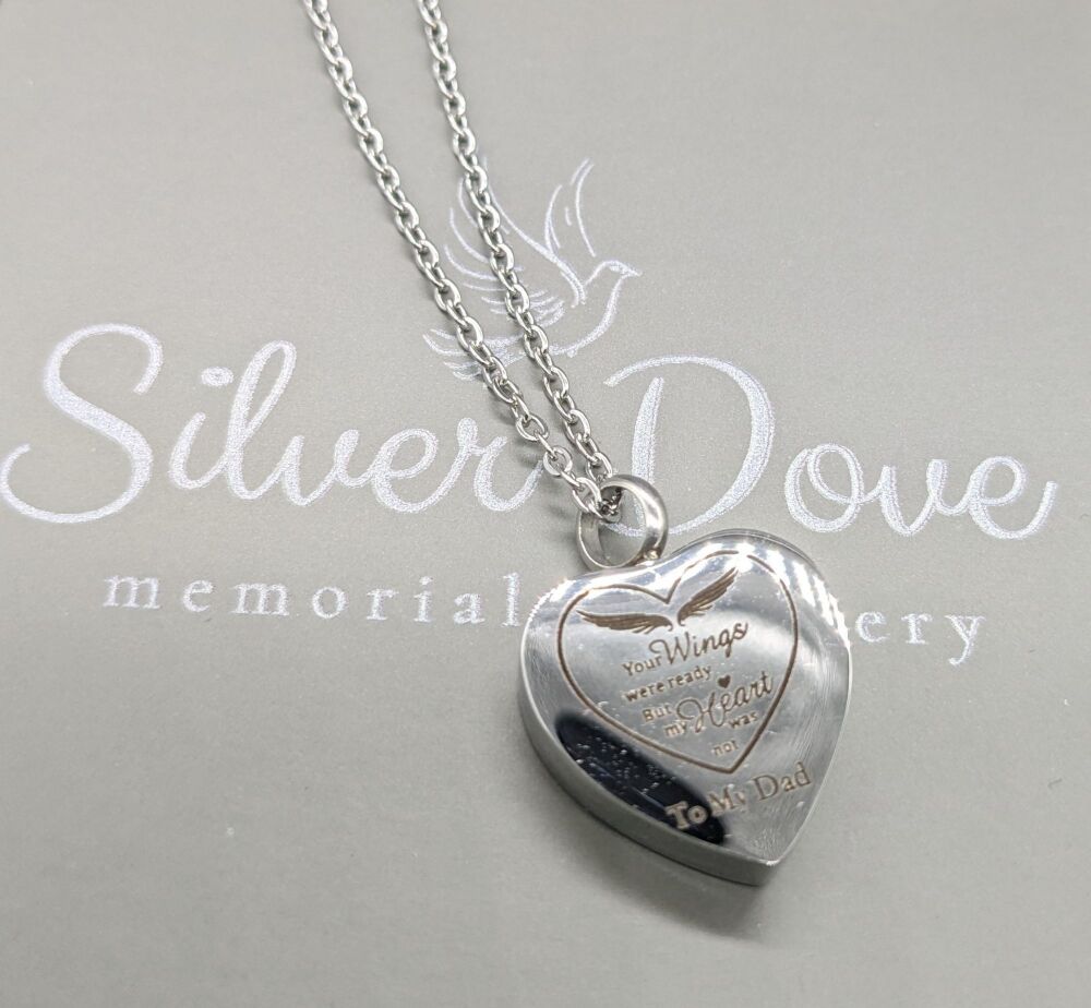 Stainless steel heart urn ashes pendant "To my Dad"