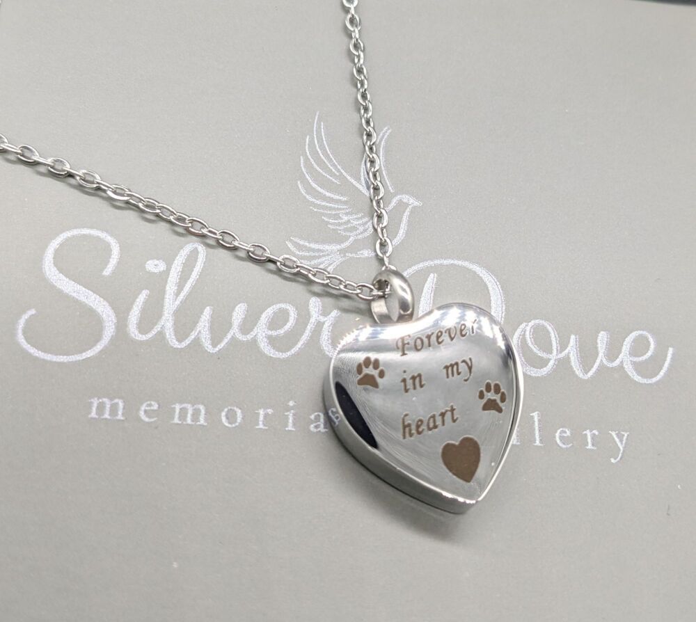 Stainless steel paw print urn pendant (20" chain) "Forever in my heart"