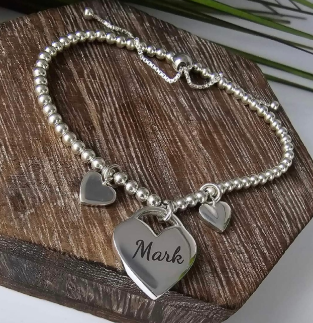 Sterling Silver Beaded Triple Heart Adjustable Bracelet with your engraving choice