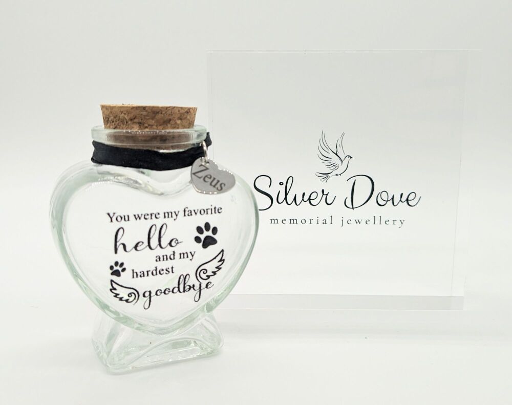 Memorial Jar for pet ashes or fur with engraved name on heart