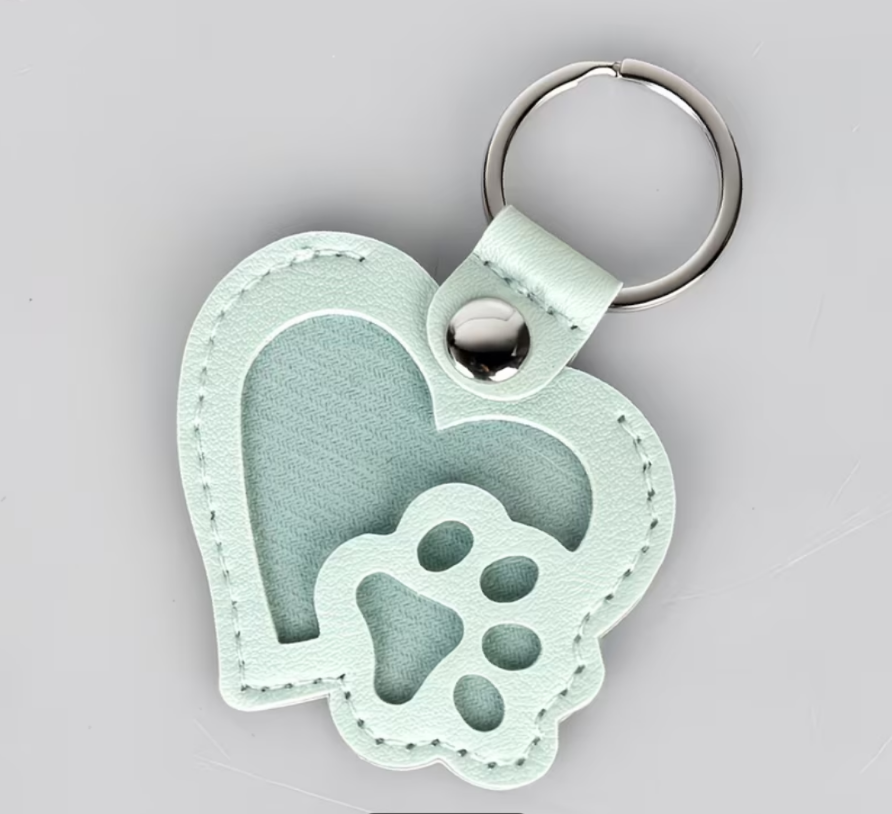 Pet Memorial Key ring -  fur keepsake, heart & paw shaped - Pale Blue