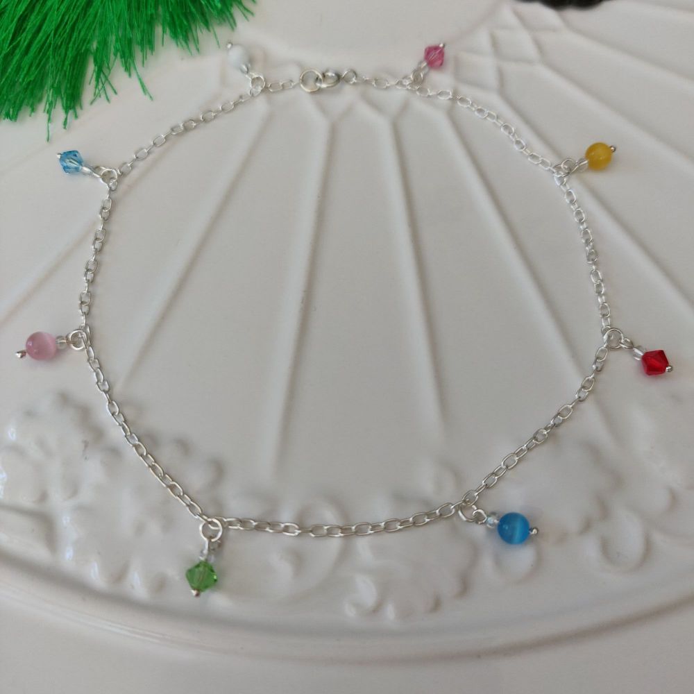925 Sterling Silver Anklet Beaded With Crystal Glass And Cat's eye
