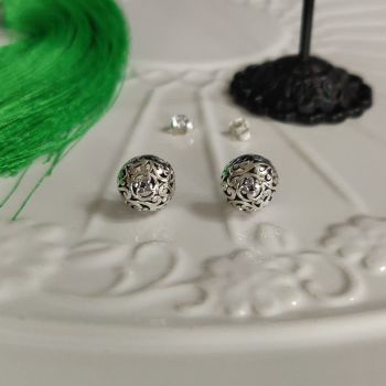 925 Sterling Silver Ajoure openwork Leaf Tendrils Semi-Sphere Stud Earrings