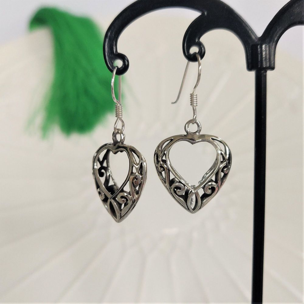 925 Sterling Silver Puffed Heart Earrings Vintage Style Dangle Hook Earring