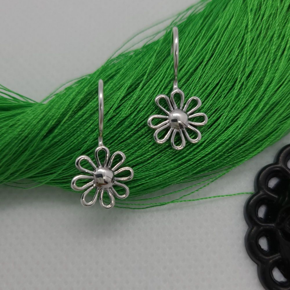 925 Sterling Silver Flower Minimalist Daisy Open Petals Hook Drop Earrings
