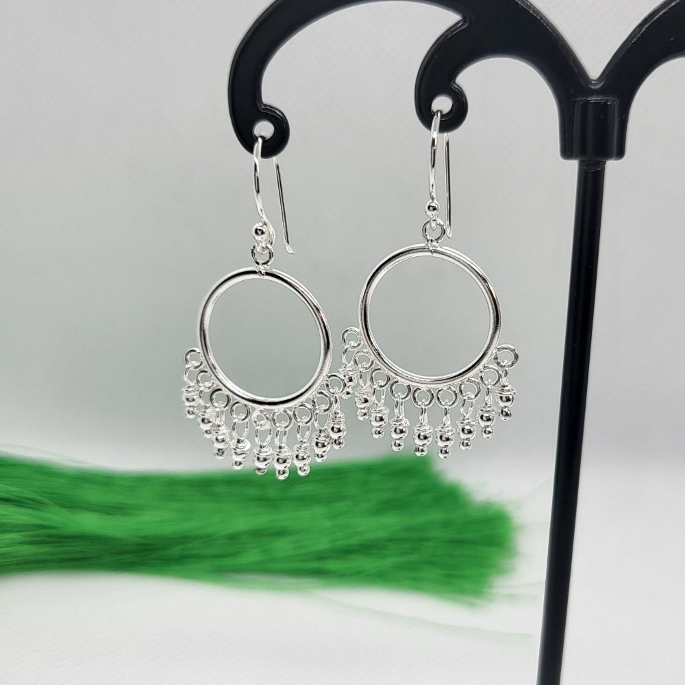 925 Sterling Silver Dangling Beads In Silver Circle Chandelier Hook Earrings