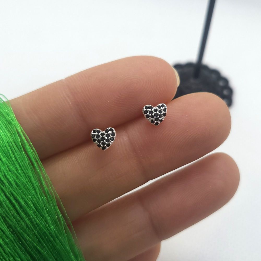 925 Sterling Silver Little Heart Stud Earrings with Black Cubic Zirconia