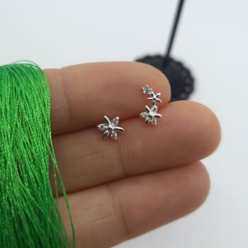 925 Sterling Silver Adorable Mismatched Flowers Clear CZ Stud Earrings