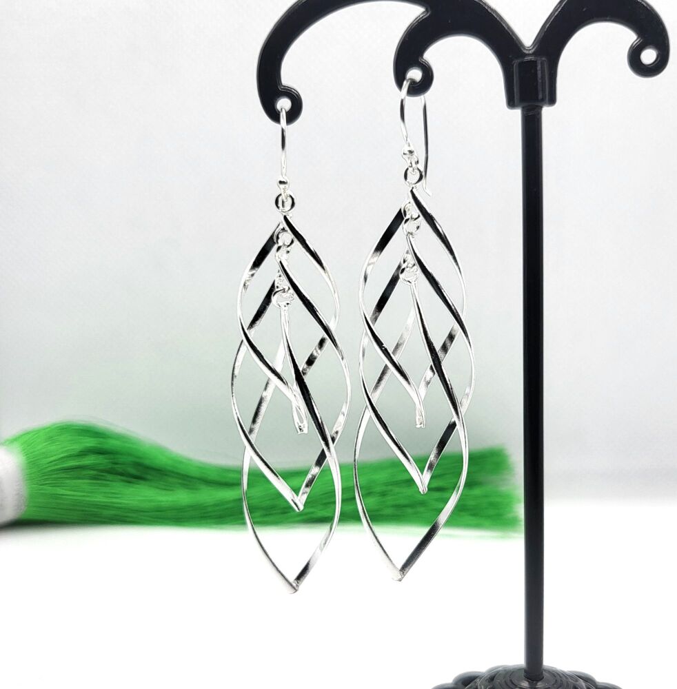 Layered Open Leafs 925 Sterling Silver Dangle Earrings