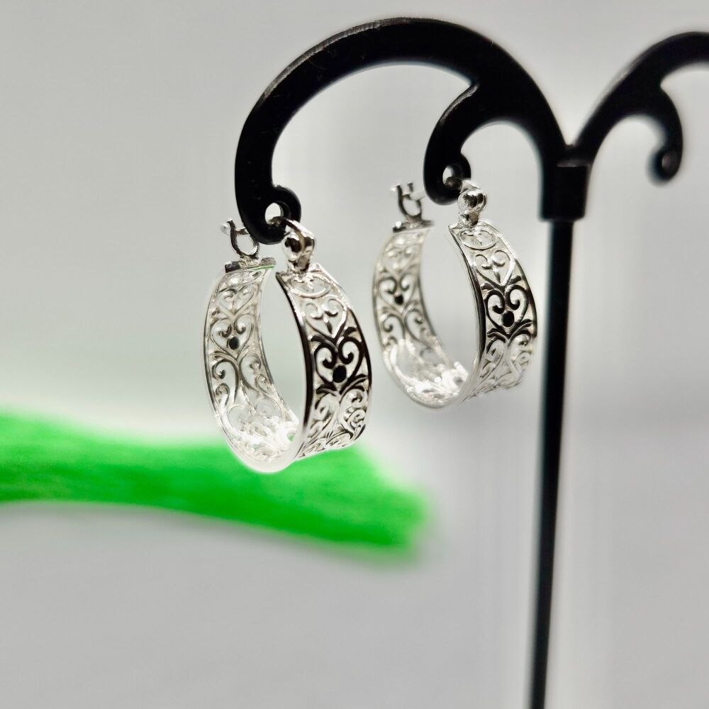 Sterling Silver Filigree Hoop Earrings Wide Hearts Floral Design