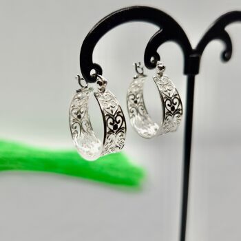 Sterling Silver Filigree Hoop Earrings Wide Hearts Floral Design