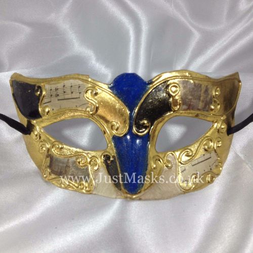 Venetian Colombina Musica Masquerade Mask for Masked Ball Gold, Blue, Black