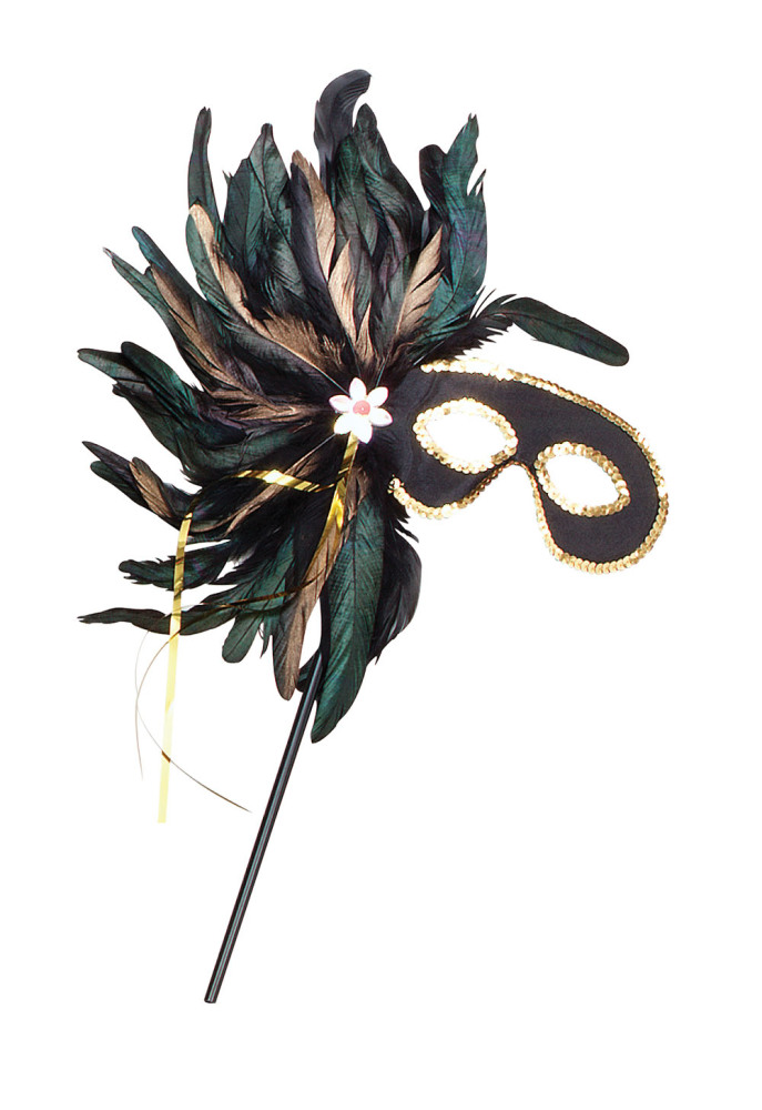 Black / Gold feather mask on stick