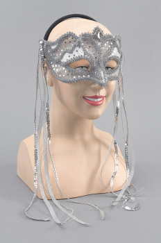 Silver mask with tassels on headband