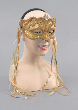Gold mask with tassels on headband