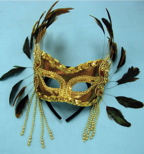 Gold mask with bead tassels on headband