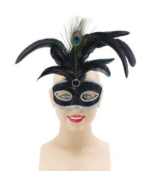 Black masquerade mask with feathers