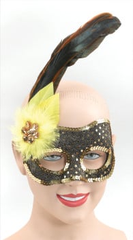 Black masquerade mask with side feather