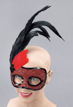 Red eye-mask with side feathers