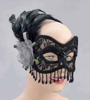 Black lace masquerade mask with feather