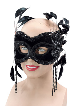 Black velvet masquerade mask with feathers