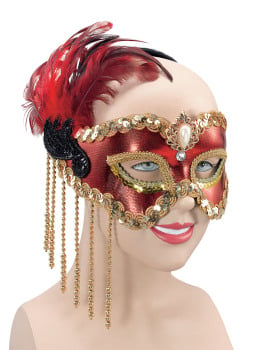 Red satin eye-mask with feathers