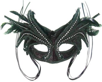 Black velvet masquerade mask with silver beads and feathers