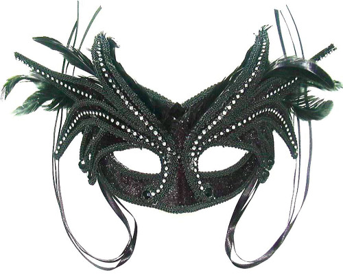 Black velvet eye-mask with silver beads and feathers