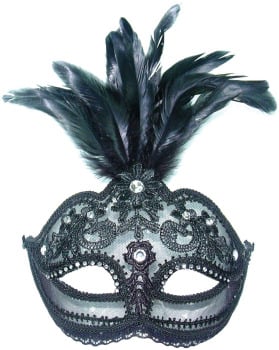 Black, transparent masquerade mask with feathers