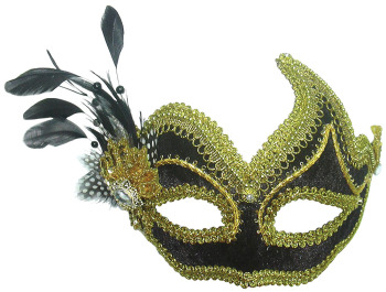 Black & Gold masquerade mask with side feathers