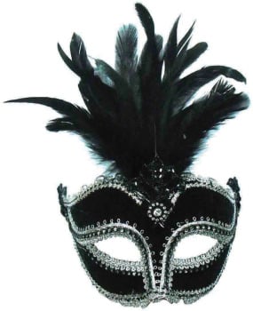 Black masquerade mask with centre plumage