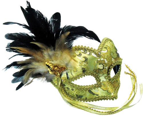 Gold mask with side feather and tassels