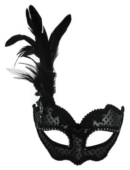 Black masquerade mask with side feather