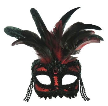 Black & Red masquerade mask with feathers