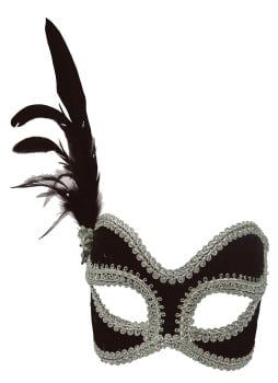 Black & Silver masquerade mask with side feathers