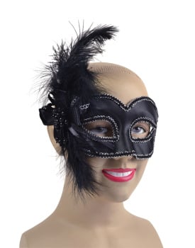 Black masquerade mask with side feathers