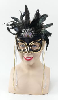 Black masquerade mask with gold eye detail and feathers