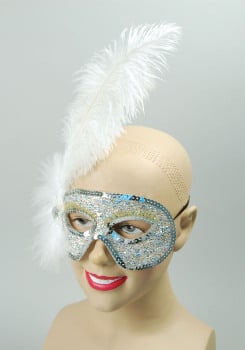 White mask with ostrich feather