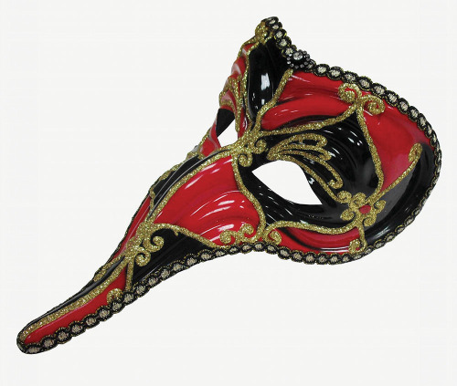 Mens Long Nose Venetian Masquerade Mask Mardi Gras Red Black Ivory & Gold 