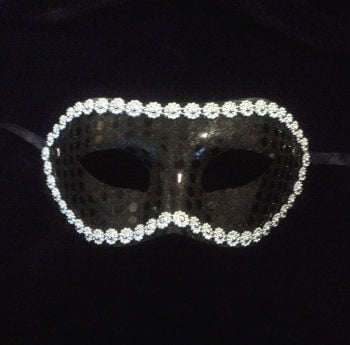 Black Romanesque masquerade mask with silver fringe