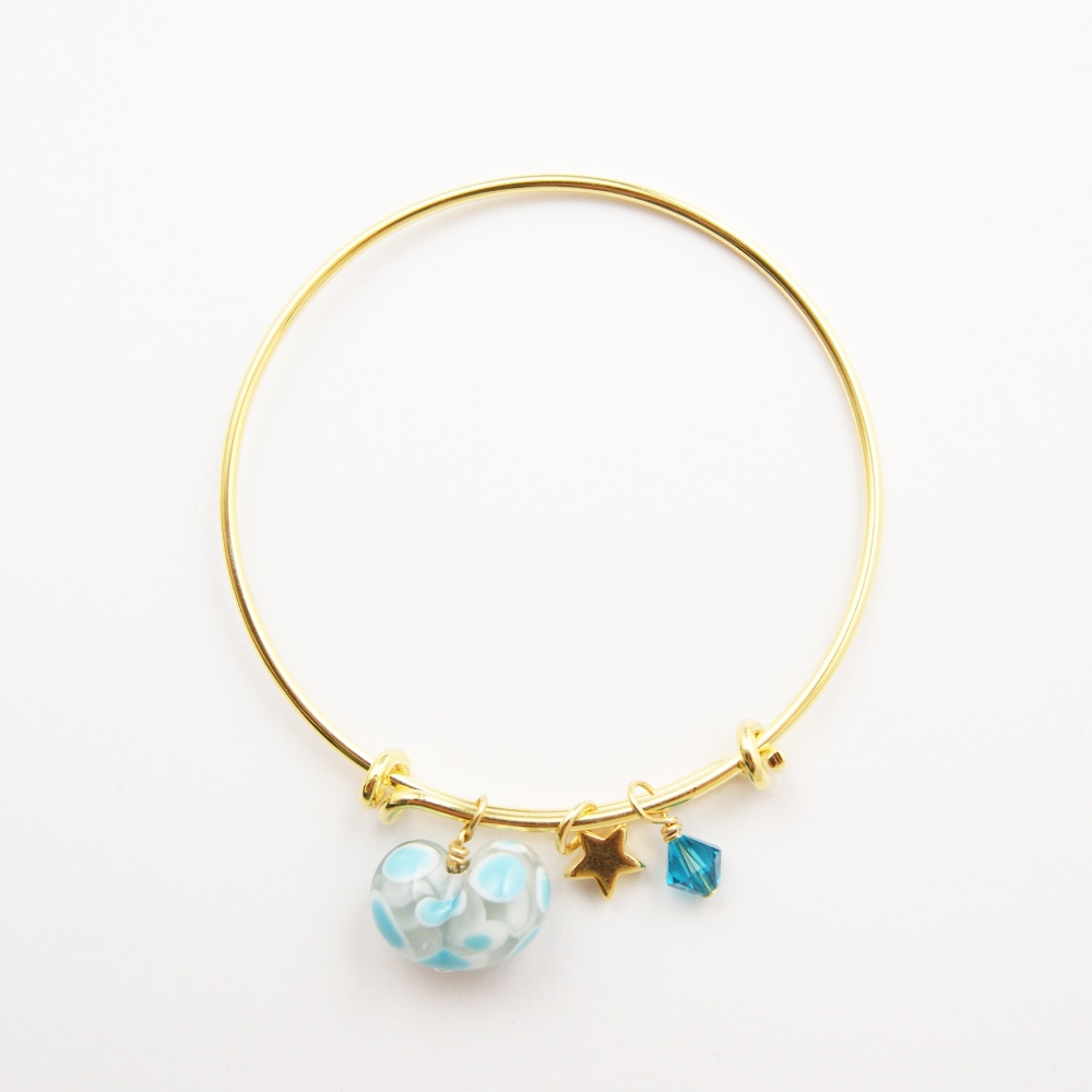 Grey and Turquoise Heart Bangle, Gold