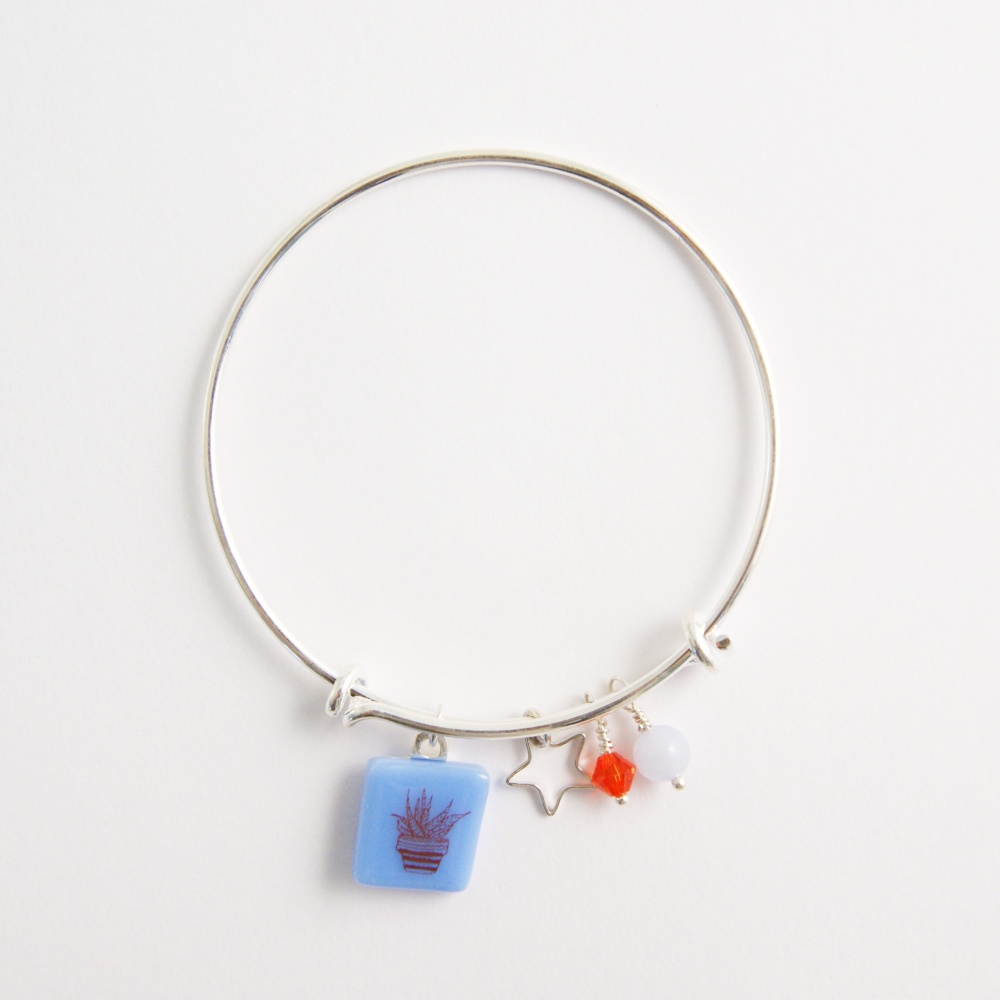 Blue Cactus on a silver Bangle